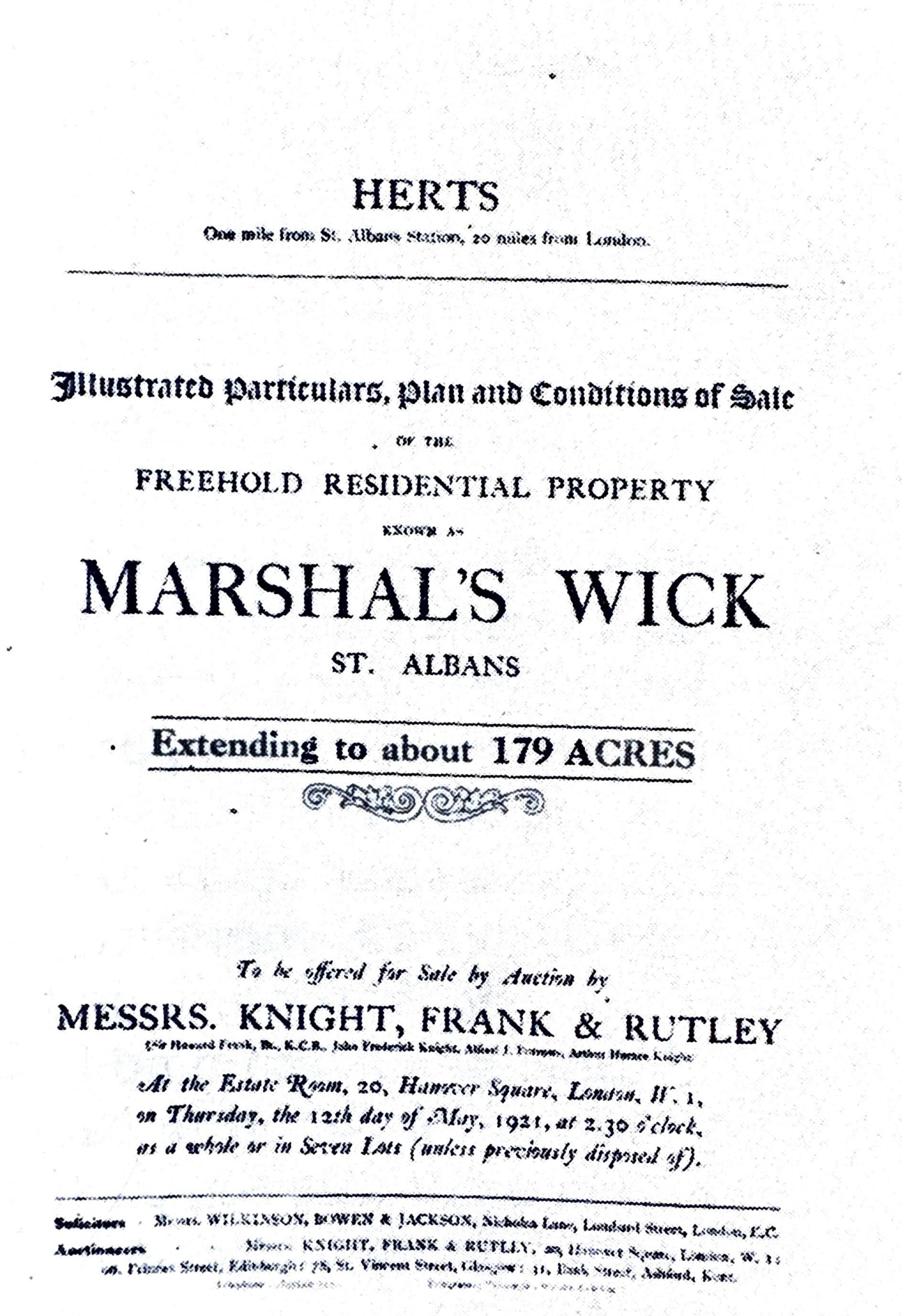 Advertisement of 12 May 1921 auction of Marshalswick.