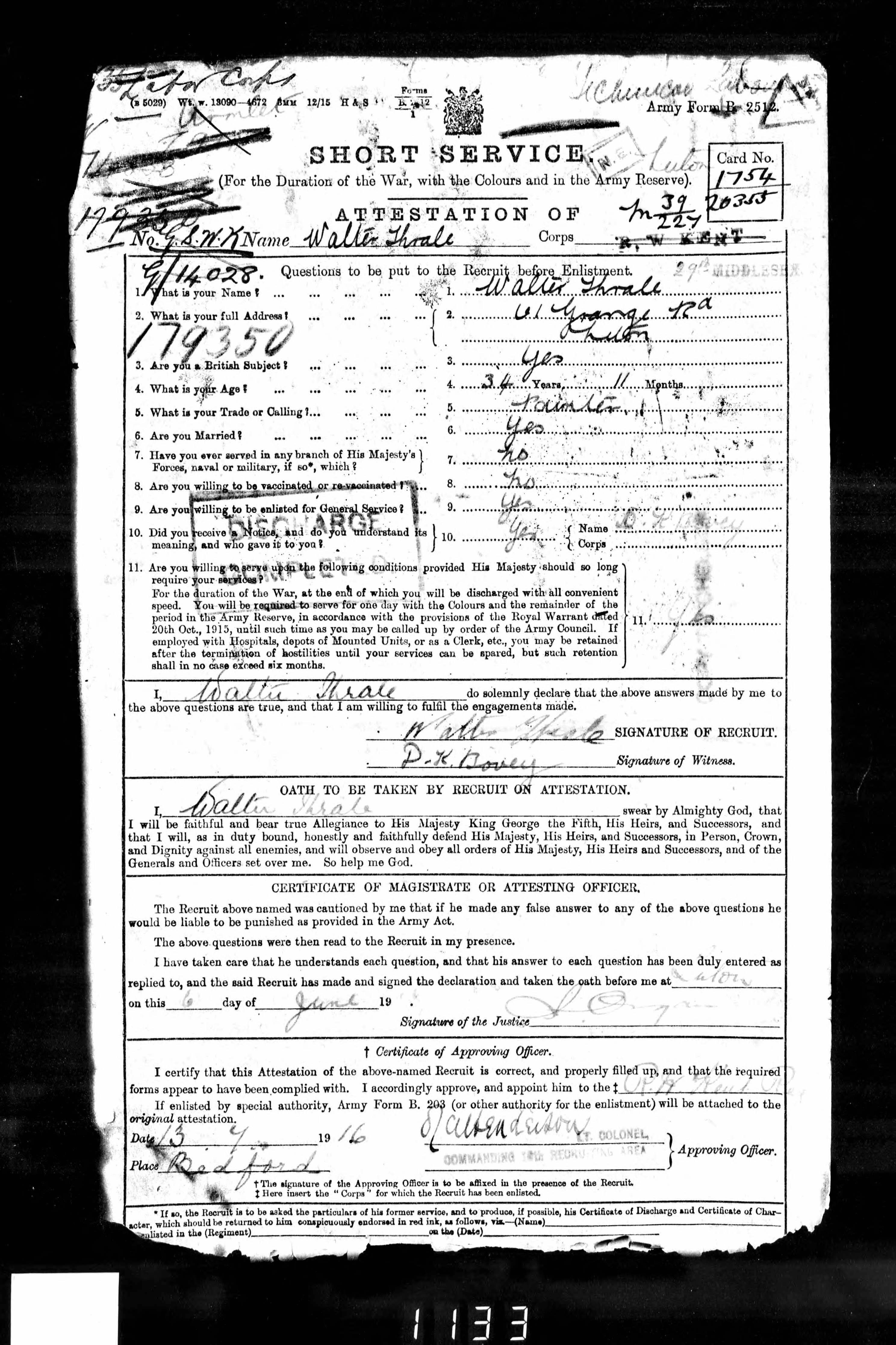 Walter THRALE. Military record.