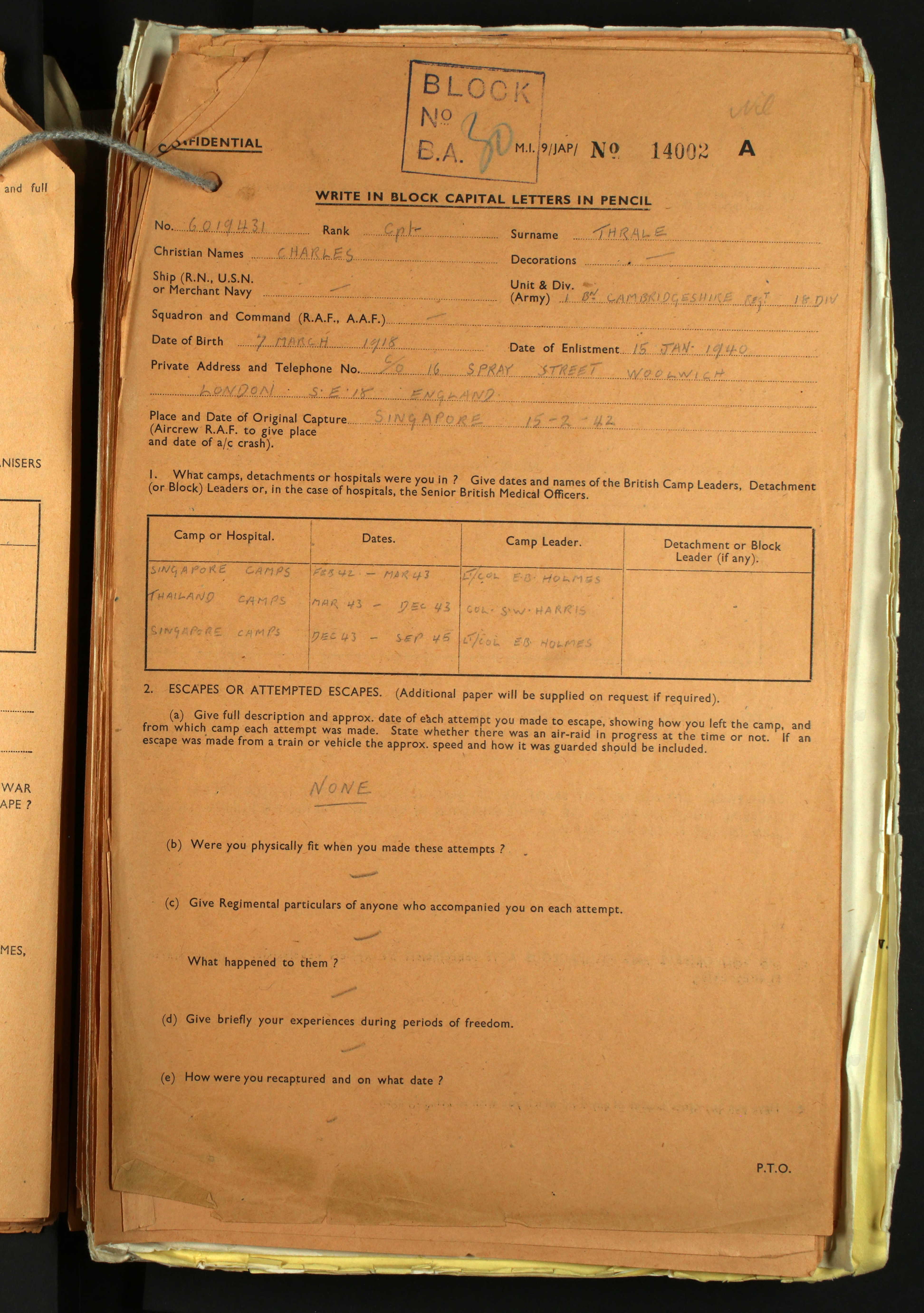 Corporal Charles THRALE. POW release questionnaire.