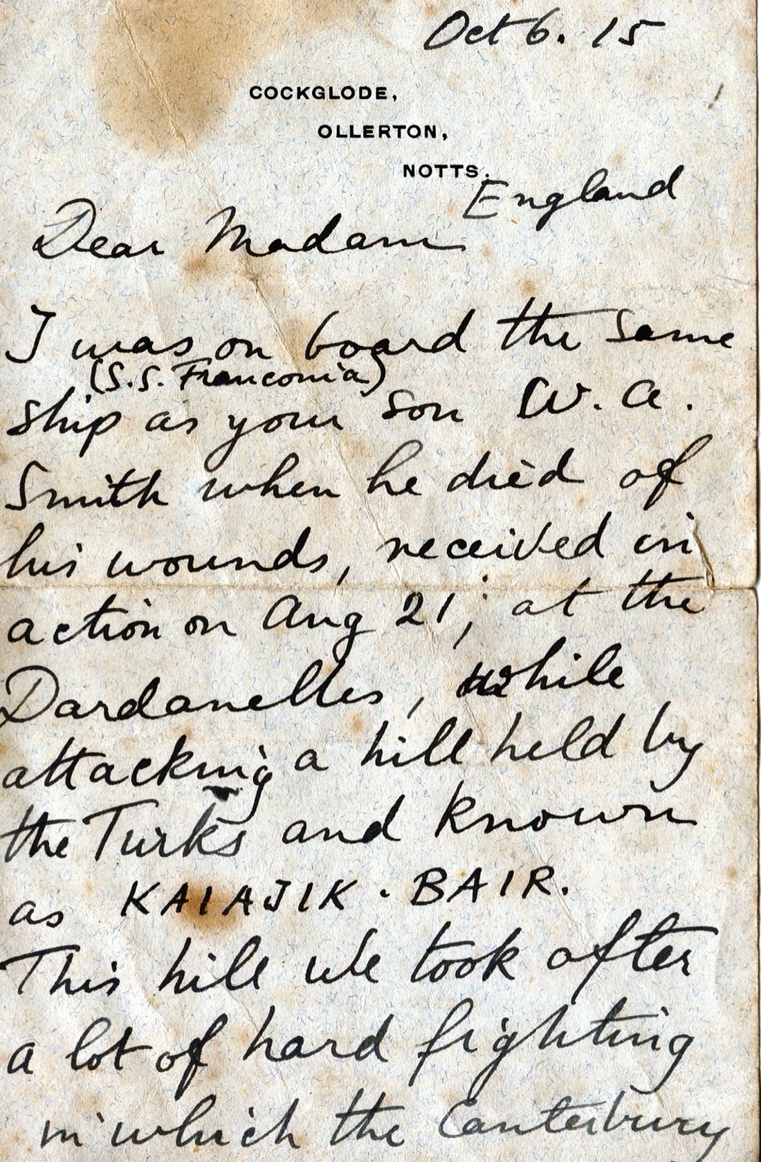 William Alexander Ivory SMITH letter of death from Forces Chaplain.