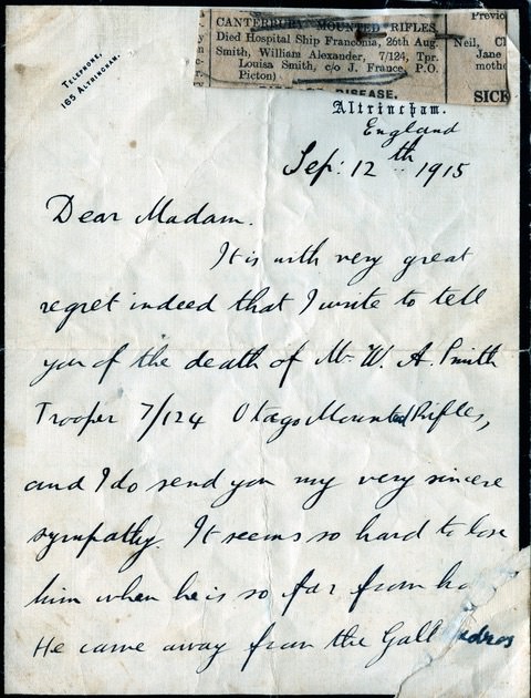 William Alexander Ivory SMITH letter of death from Commander Hutton.