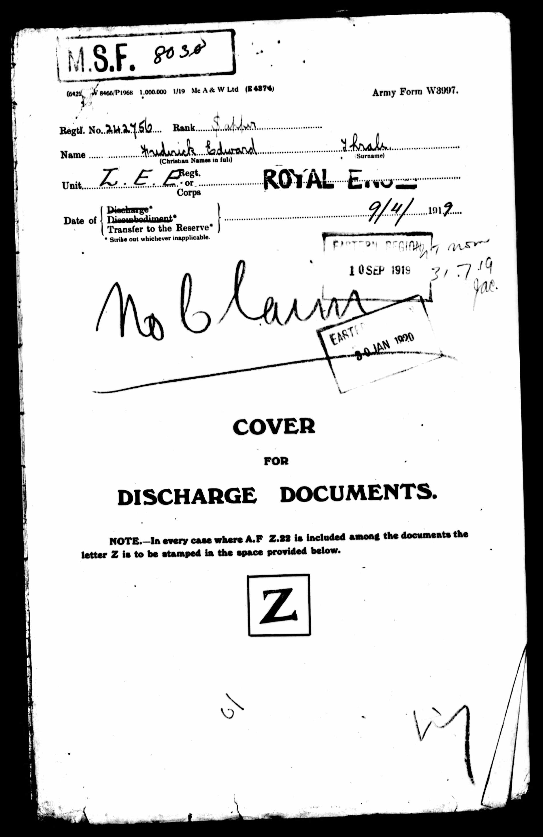 Frederick Edward THRALE War Pension record