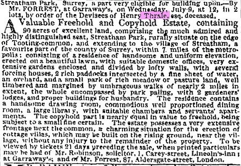 Streatham Park was advertised for sale in The Times newspaper on 17 June 1823