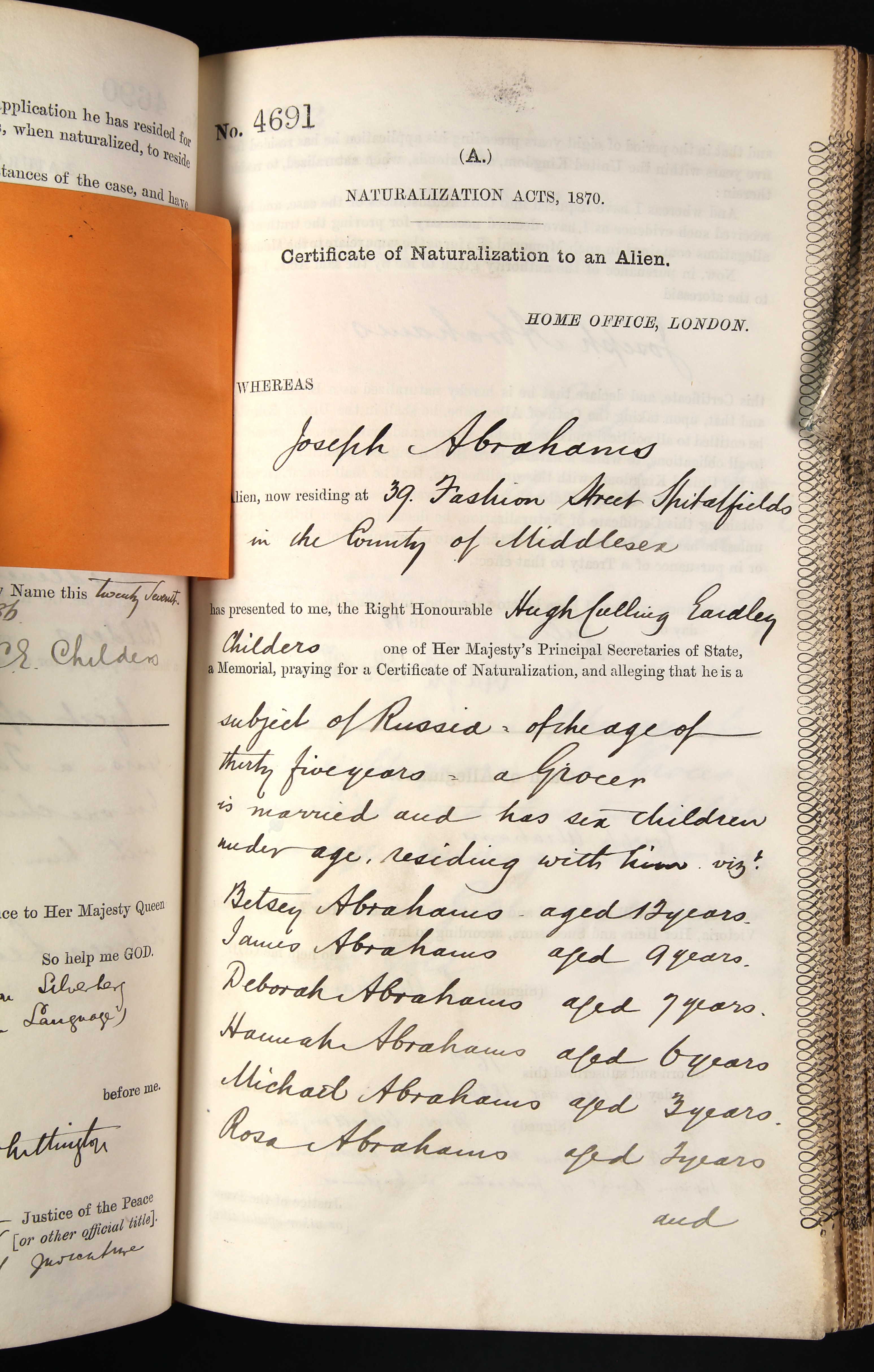 Joseph Alexander FRANCK naturalisation certificate