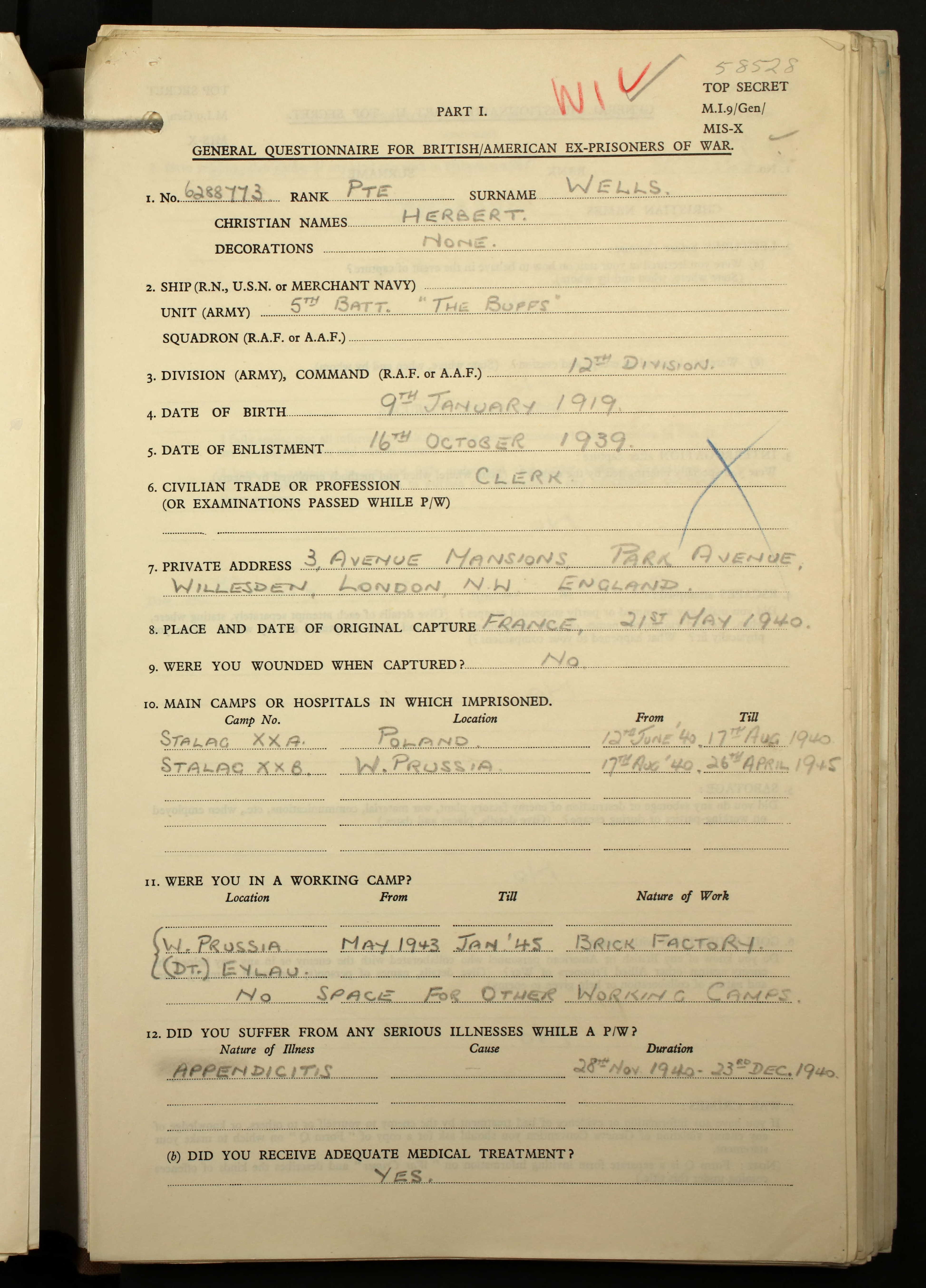 Herbert ABRAHAMS POW post-release questionnaire